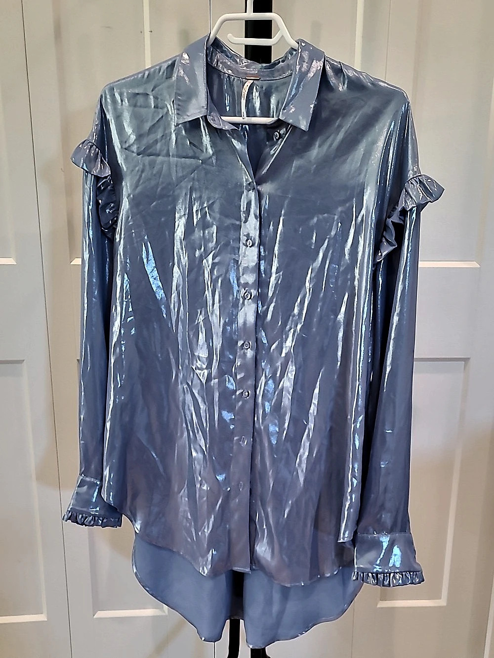 Free People All Your Love Metallic Button Down Blue